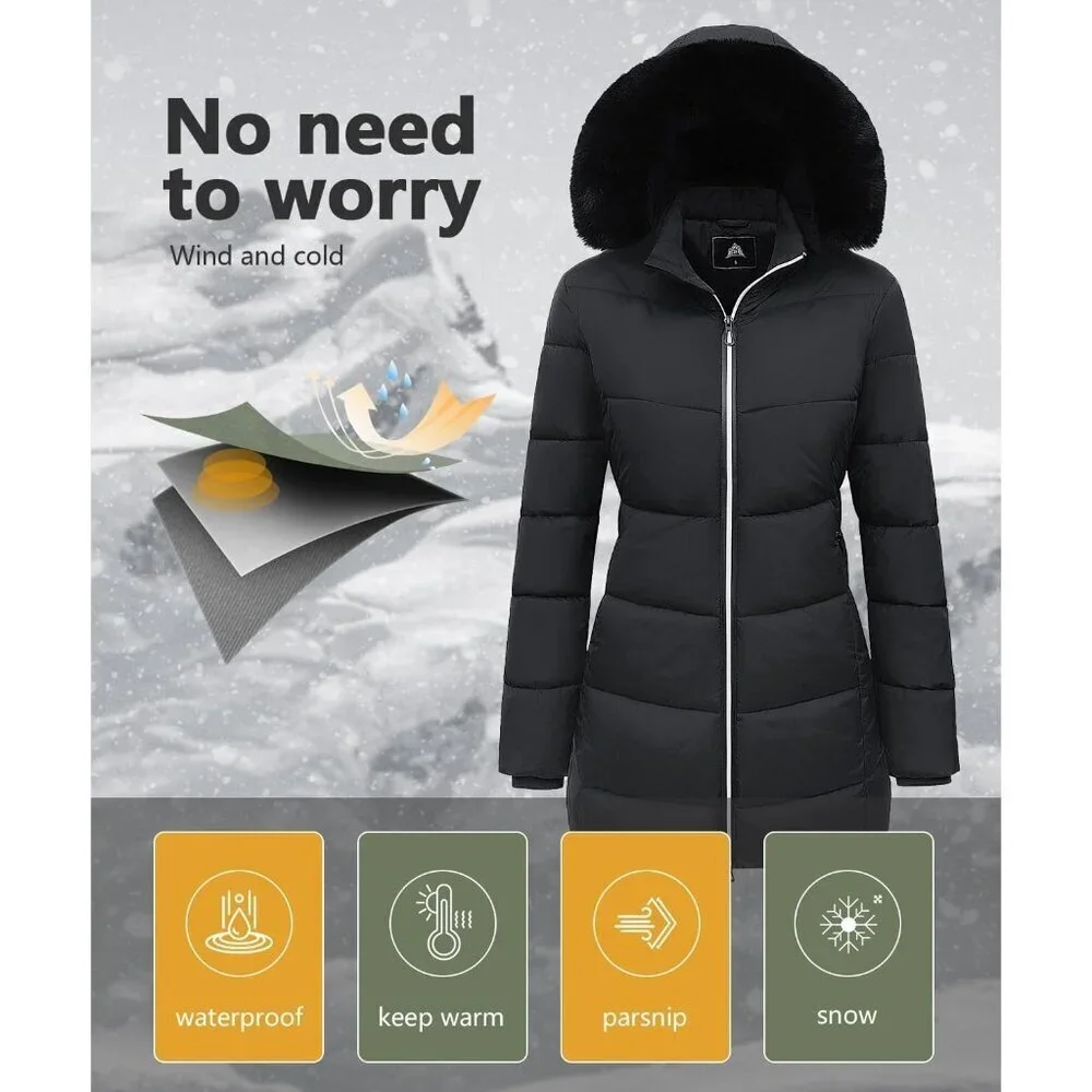 Women's Black Winter Windproof Warm Down Coats Waterproof Hooded Puffer Jacket